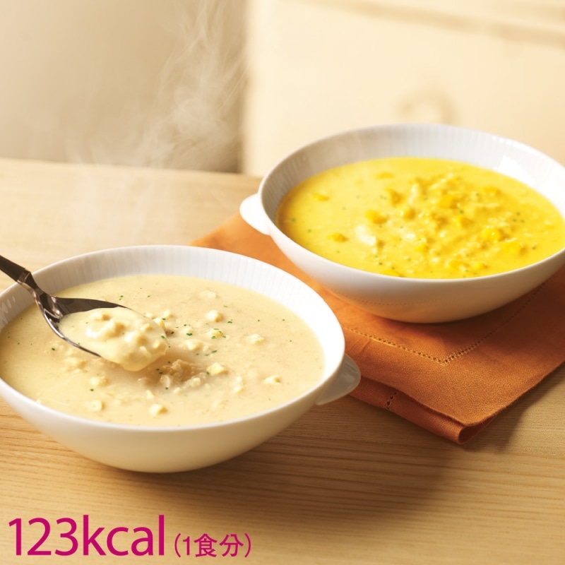 カロリーは、つぶつぶコーンポタージュ味です。ローストオニオンポタージュは、122kcal(1食分)です。