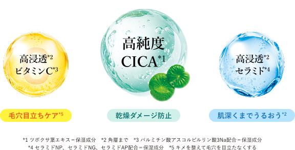 高純度CICA(*1)：乾燥ダメージ防止／高浸透(*2)ビタミンC(*3)：毛穴目立ちケア(*5)／高浸透(*2)セラミド(*4)：肌深くまでうるおう(*2)／*1 ツボクサ葉エキス＝保湿成分 *2 角層まで *3 パルミチン酸アスコルビルリン酸3Na配合＝保湿成分 *4 セラミドNP、セラミドNG、セラミドAP配合＝保湿成分 *5 キメを整えて毛穴を目立たなくする