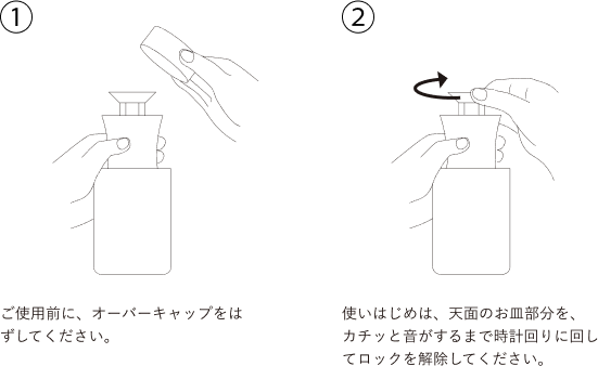 ①ご使用前に、オーバーキャップをはずしてください。／②使いはじめは、天面のお皿部分を、カチッと音がするまで時計回りに回してロックを解除してください。