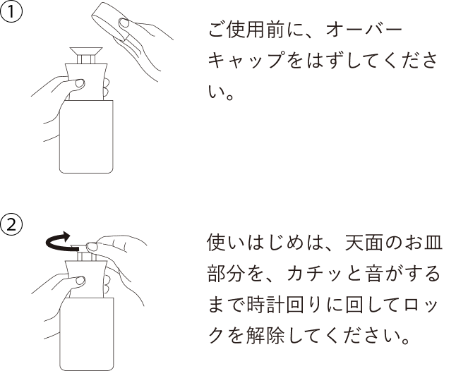①ご使用前に、オーバーキャップをはずしてください。／②使いはじめは、天面のお皿部分を、カチッと音がするまで時計回りに回してロックを解除してください。