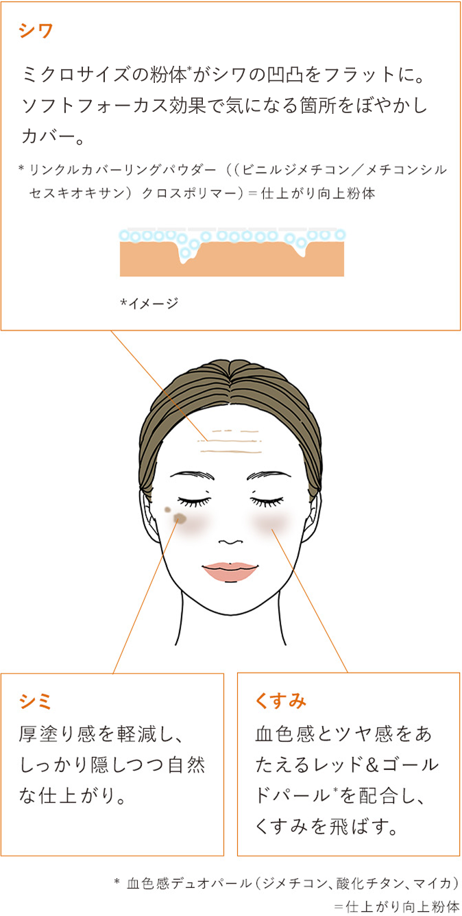 シワ：ミクロサイズの粉体*がシワの凹凸をフラットに。ソフトフォーカス効果で気になる箇所をぼやかしカバー。*リンクルカバーリングパウダー（（ビニルジメチコン／メチコンシルセスキオキサン）クロスポリマー）=仕上がり向上粉体／シミ：厚塗り感を軽減し、しっかり隠しつつ、自然な仕上がり。／くすみ：血色感とツヤ感をあたえるレッド＆ゴールドパールを配合し、くすみを飛ばす。／*血色感デュオパール（ジメチコン、酸化チタン、マイカ）＝仕上がり向上粉体