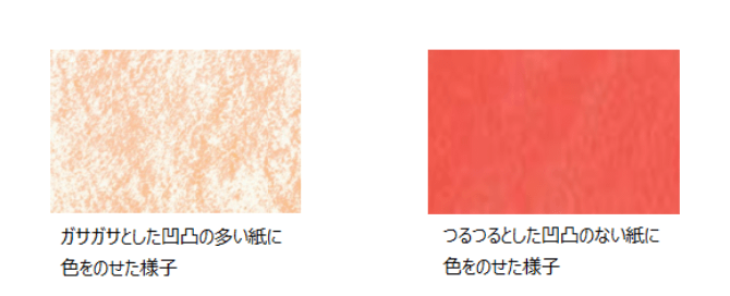 ガサガサとした凹凸の多い紙に色をのせた様子 つるつるとした凹凸のない紙に色をのせた様子