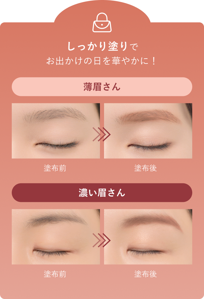 しっかり塗りでお出かけの日を華やかに！ 薄眉さん・濃い眉さん 塗布前／塗布後
