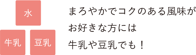 水 牛乳 豆乳／まろやかでコクのある風味がお好きな方には牛乳や豆乳でも！